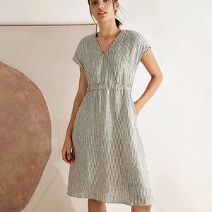 100% LINEN STRIPED ELASTIC-WAIST MIDI DRESS ARIA